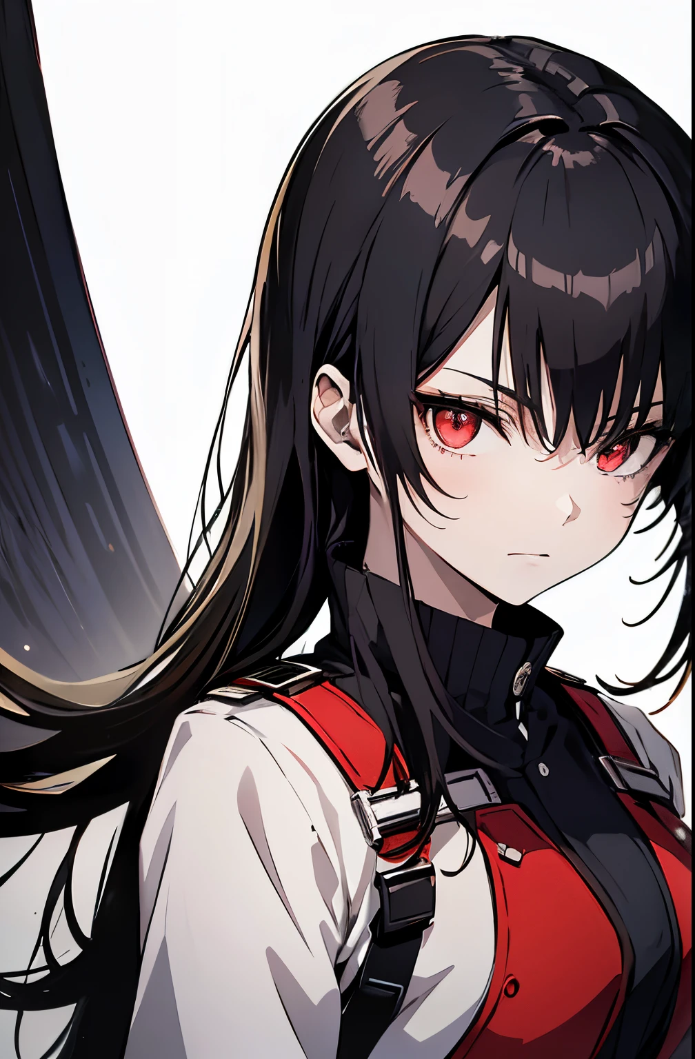 1 girl in, Full body, (masutepiece:1.2, Best Quality), (finely detailed beautiful eye: 1.2), (beautifull detailed face), High contrast, (Best Illumination, extremely delicate and beautiful), ((Cinematic Light)), Dramatic light, (Pale white background:1.5), oversized red open jacket, Black hair, Red Eyes, body harnesses, pony tail hair, black military uniform, black skirt,