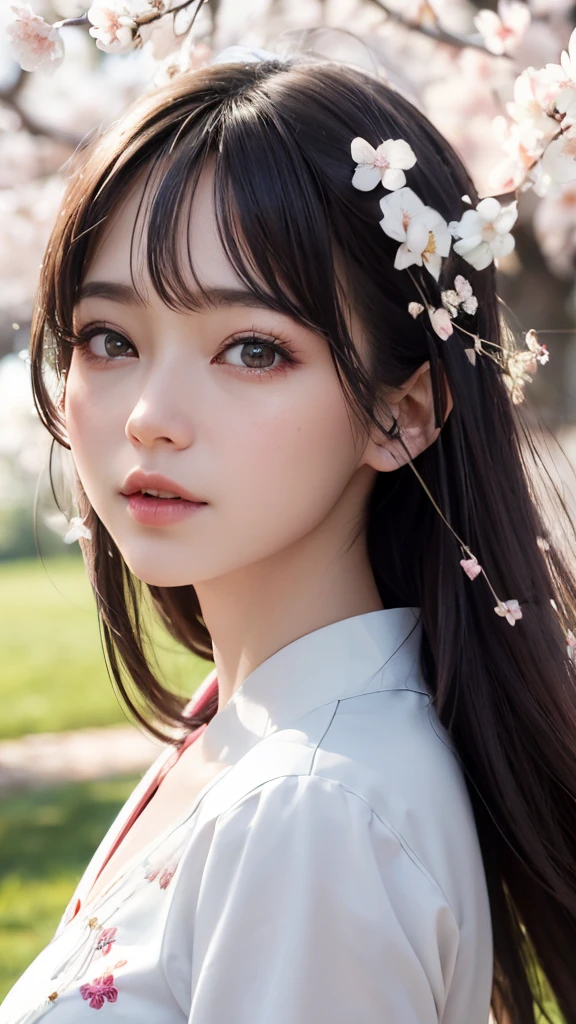 (A logo、masterpiece、8K、masutepiece、Raw photo、Fantastic、Best Quality、Photorealistic、extremely detailed CG unified 8k wallpaper、hightquality、ighly detailed、epic poem、Particle effect、Dynamic effects、depth of fields、Cinematic Light、Lens Flare、Ray tracing)、Fantasia、 (Beauty 1 person、White Japanese Clothing、Japanese dress、White cherry blossom pattern、White cherry blossom embroidery pattern、A dark-haired、Beautiful face、Real Face、Beautiful detail eyes、Beautiful skin)、Hair flutters in the wind、Hair jumps、Pink cherry blossom tree、Petals flutter、Sakura blizzard、Superb view、morning glow、Sun in the background、the wind、Deities、tusk、myth、Vast Land、
