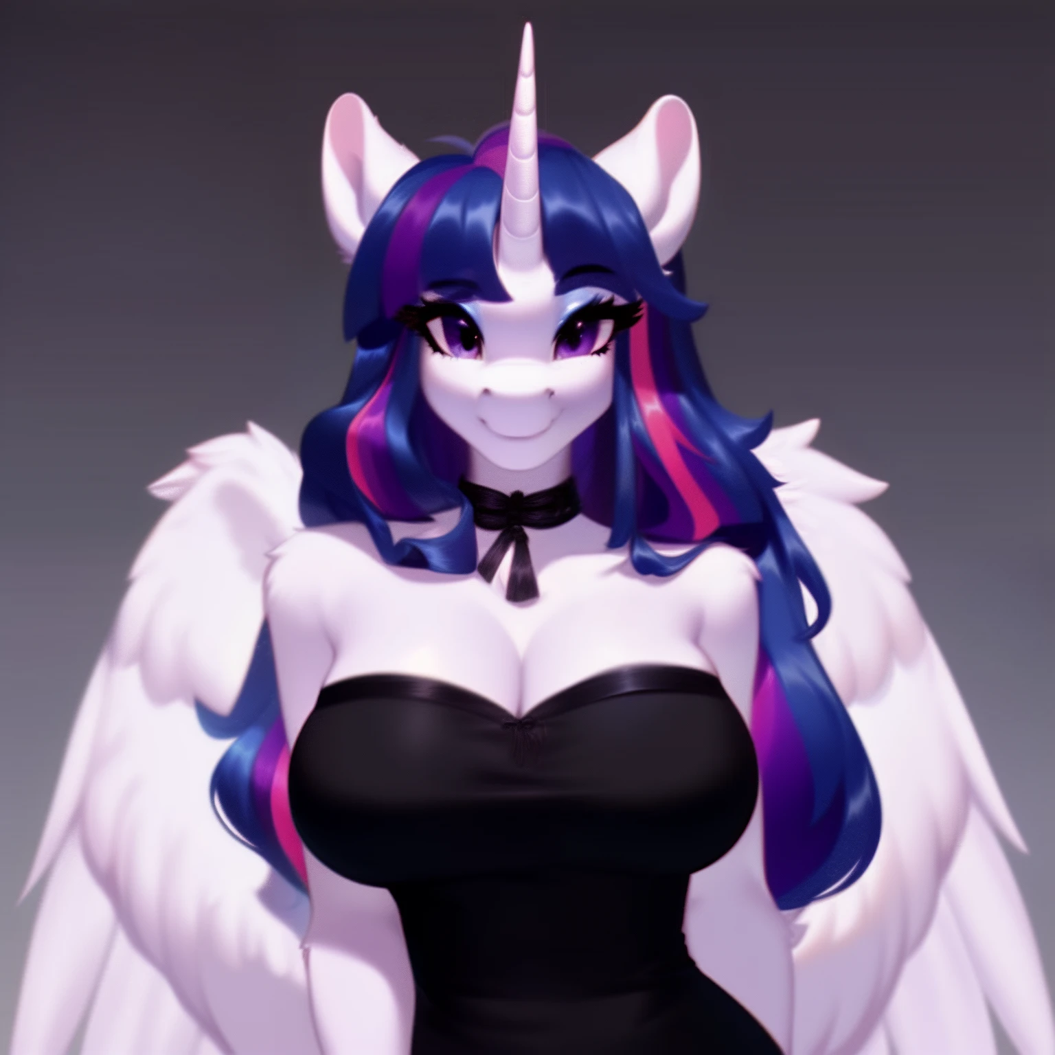 (score_9), (source_pony), (solo), (alicorn), ((anthro rarity fusion twilight sparkle:1.1)), (strapless black dress), facing you, sexy, smiling, sensual, long Messy hair, anatomically correct, night garden, standing near fountain, big breast, half body, anime art style, 8k, high detail