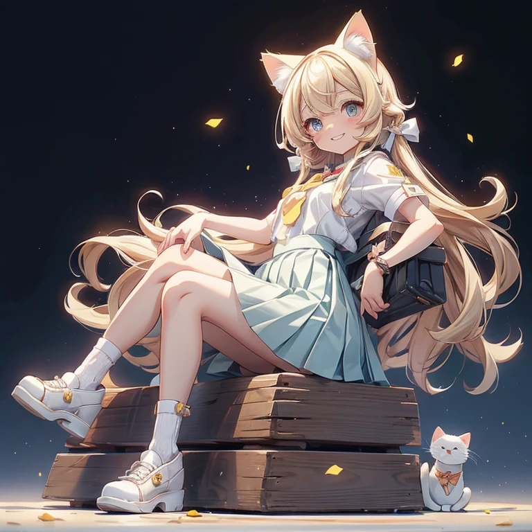 best quality, girl, (loli), kawaii, long hair, blonde hair, light smile, ((small breasts)), (pleated_skirt), looking back, sitting, seifuku, full body, cat ear, JS, junior school student