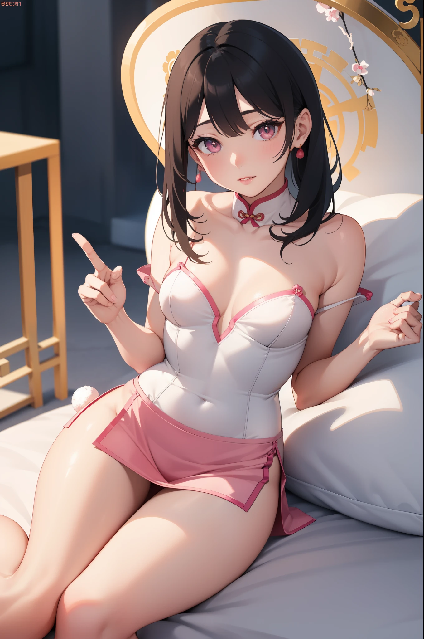 A gentle and lovely Chinese beautiful woman, delicate and sexy collarbone, charming goose egg face, double eyelids, smart peach blossom eyes, pink lips, small upturned nose, bare shoulders, focused face, face close-up, ultra HD, super detail, full body photo, ultra-thin light transmission optimal ratio four fingers and one thumb, JK miniskirt