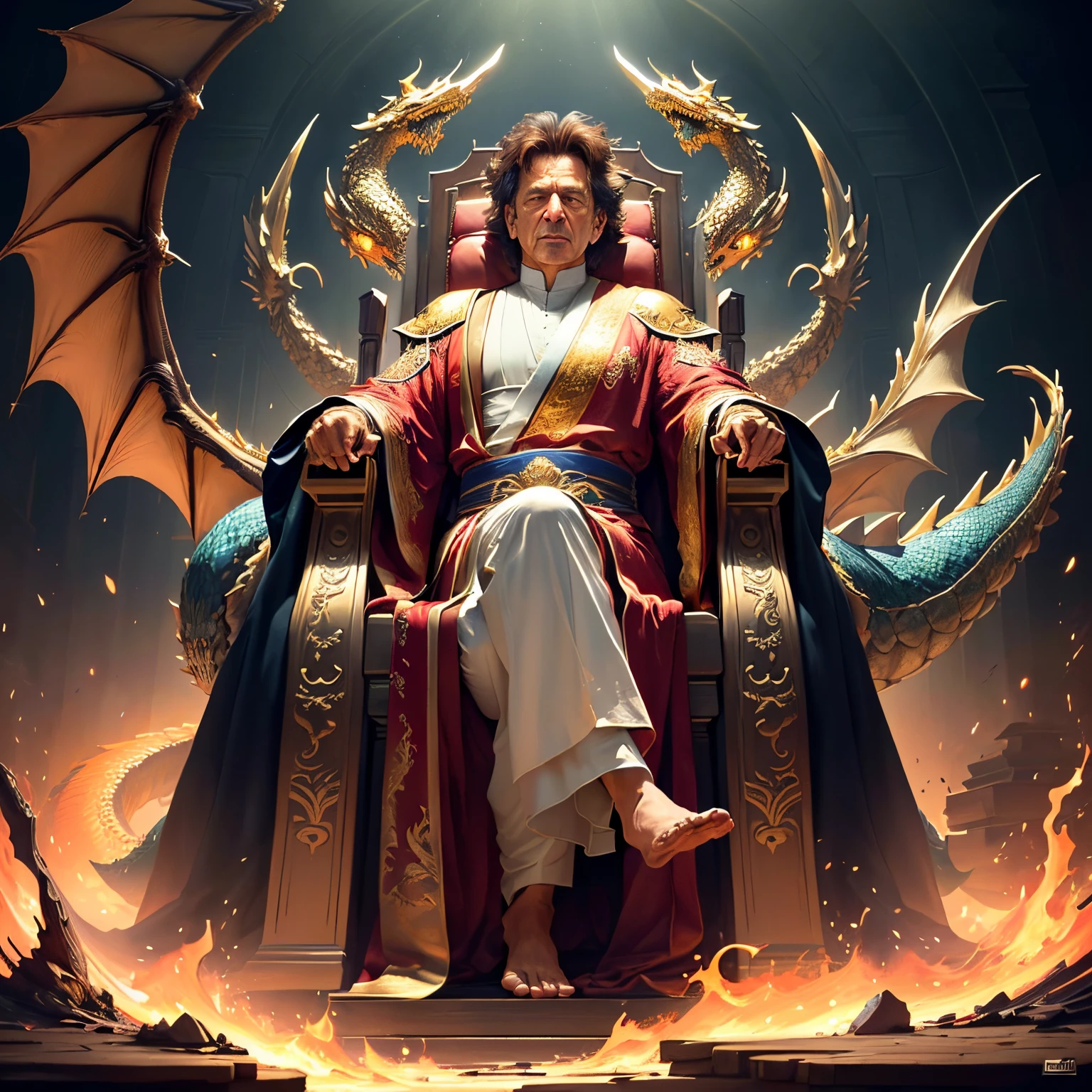 Masterpiece, best quality, extremely detailed CG unified 8k wallpaper, painting, brush, full body, separated, animated art, super fine silhouette, fantasy art, ex prime minister of Pakistan imran khan wearing a dragon robe, golden dragon robe, sitting on the throne of a dragon chair, gorgeous chair in gold