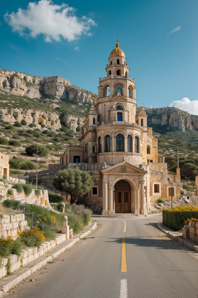 mediterranean landscape, Malta, large city on the sides of a tall mountain, architecture Portuguese, temple on top of mountain, white rocks, road to city, orange flowers