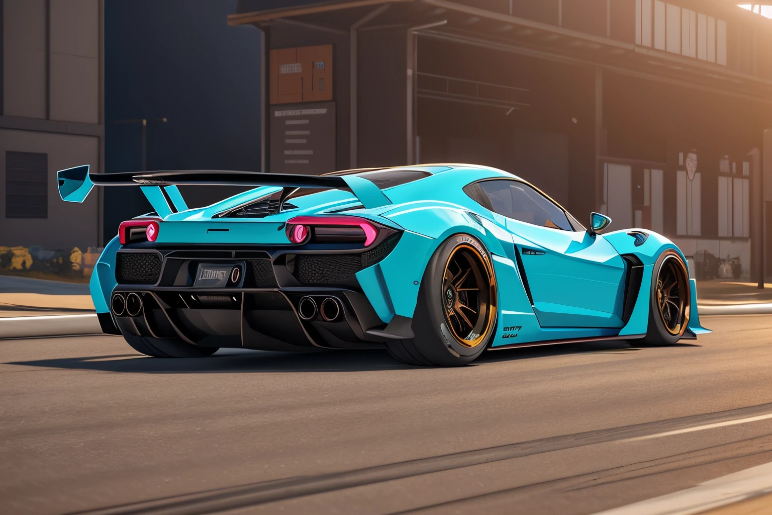 ((Supercar-forza horizon game ready design)), bubblegum blue paintwork, matte black racing alloys, large rear spoiler, wide body kit, custom design build, cinematic, wide angle, HDR studio light, tactical bodywork for supreme aerodynamics, crisp and sharp, 3ds max, maya, blender, cgsociety, behance contest winner, trending on artstation, racing exhaust system, abandoned streets surrounded by huge futuristic mega structures, post apocalyptic design, 4k wallpaper, Octane render, unreal engine, unity game design, Houdini VFX render, enhanced aerodynamics and stealth design aesthetic