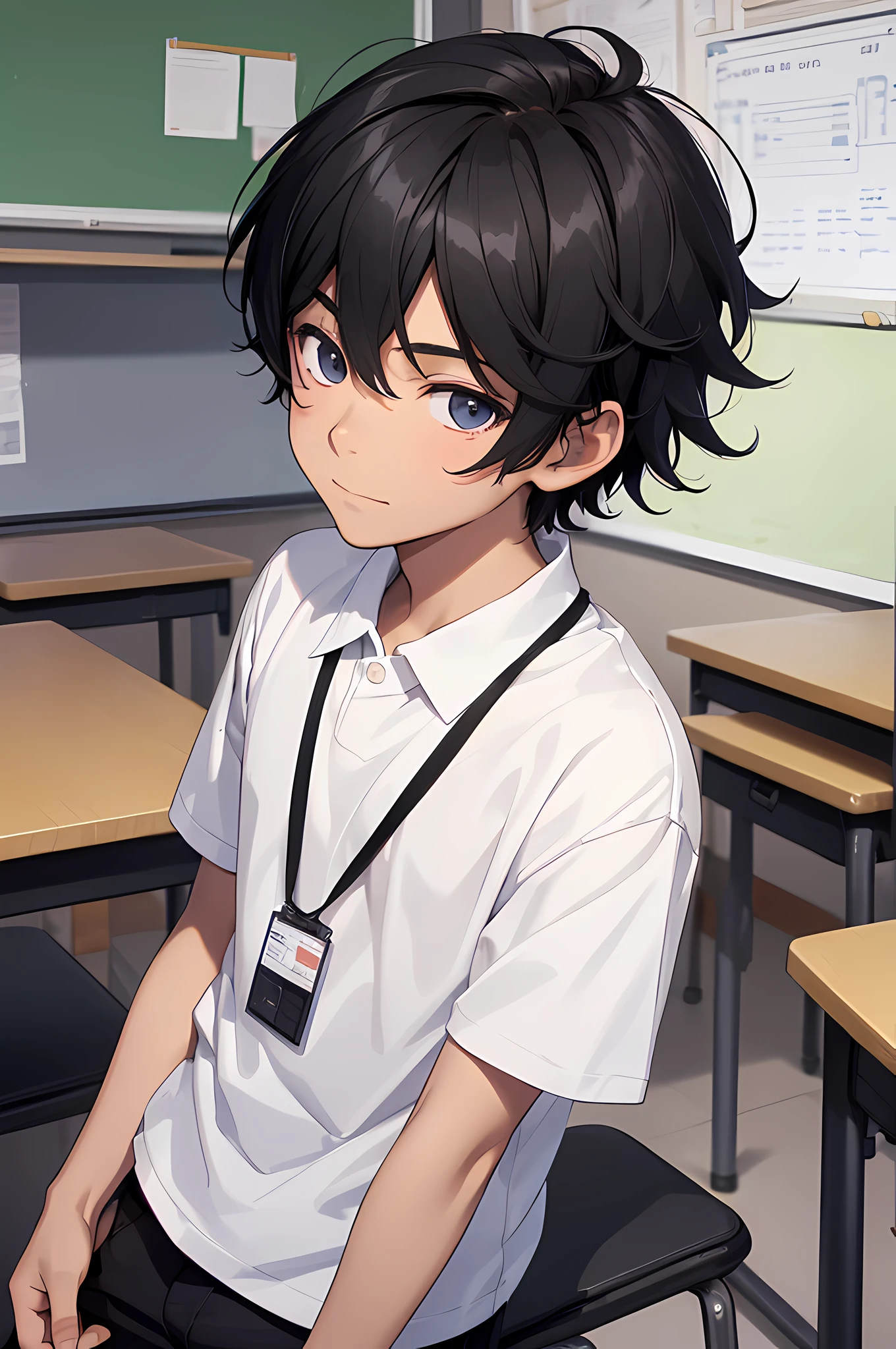 1boy, young male, age 12, black hair, happy, solo, detailed eyes, quality eyes, masterpiece, (UntuckedShirt:1.2), UntuckedShirt, student, plain White t-shirt, t-shirt, short sleeves, long black pants, wearing lanyard, classroom, school, anime, line art anime