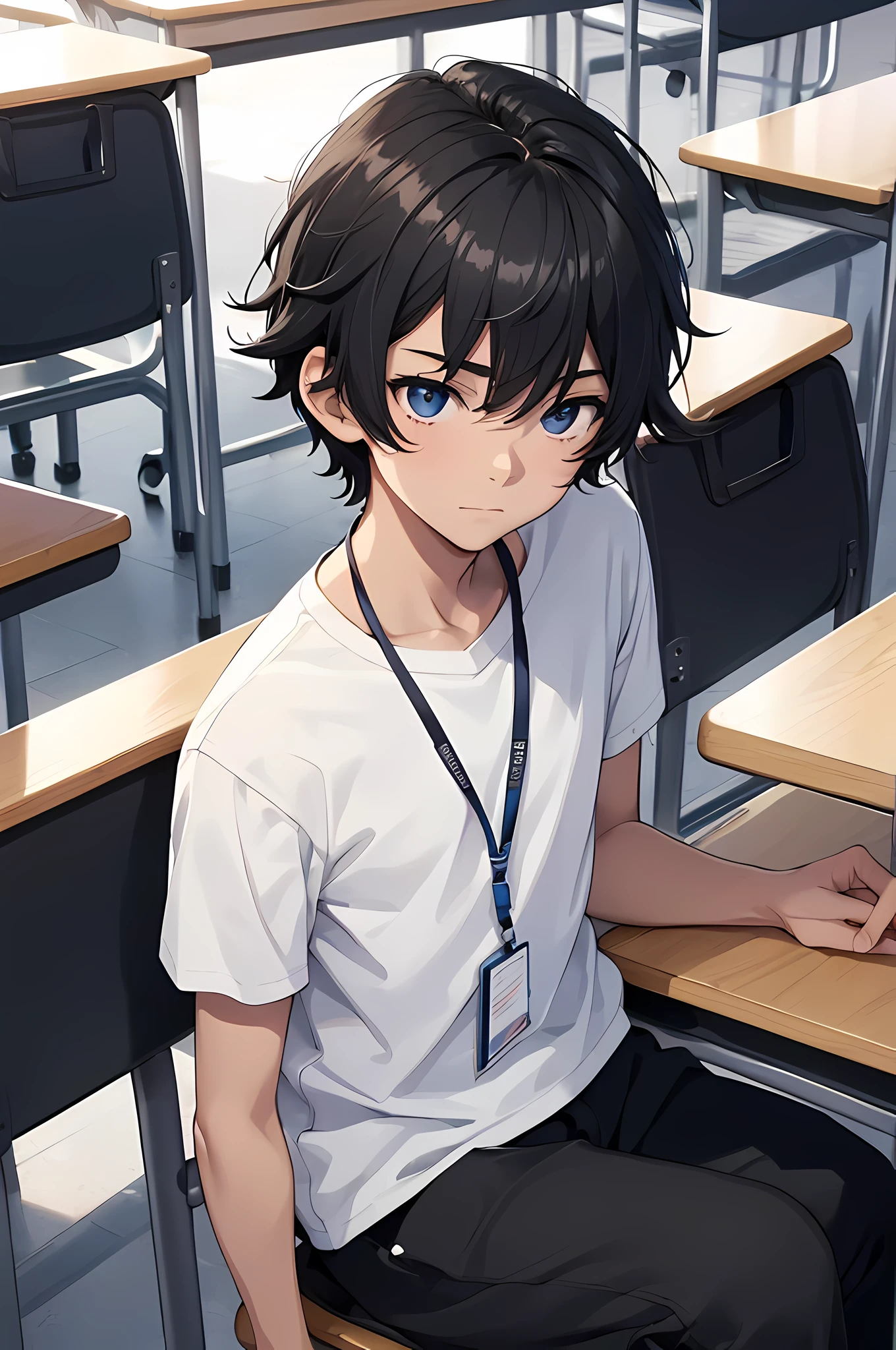 1boy, young male, age 12, black hair, happy, solo, detailed eyes, quality eyes, masterpiece, (UntuckedShirt:1.2), UntuckedShirt, student, plain White t-shirt, short sleeves, long black pants, wearing blue lanyard, sitting, classroom, school, anime, line art anime