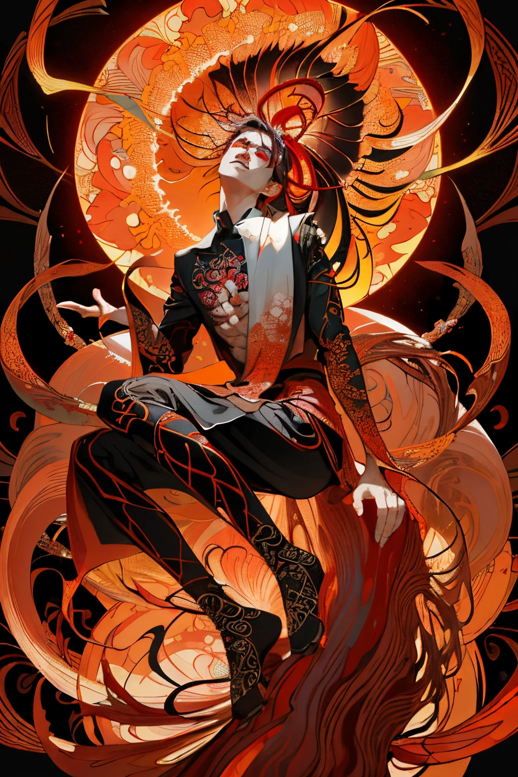 official arts, 统一 8k 壁纸, Ultra Detailed, beautiful and aesthetic, Masterpiece, Best Quality, (zentangle, a Mandala, Tangled, Tangled), (s fractal art: 1.3), Realistic, (Masterpiece, Top Quality, Best Quality, official arts, Beauty and Aesthetics: 1.2), Very detailed, s fractal art, Colorful, Most Detailed, zentangle, (Abstract background: 1.5)(1boy: 1.3), deity, Long hair, (Glowing Red Eyes), mysterious, ( Fire Magic), ((Sitting on top of a giant Licorice radiata (Lycoris radiata))), Lycoris radiant (Lycoris radiata), Yellow spring hell
