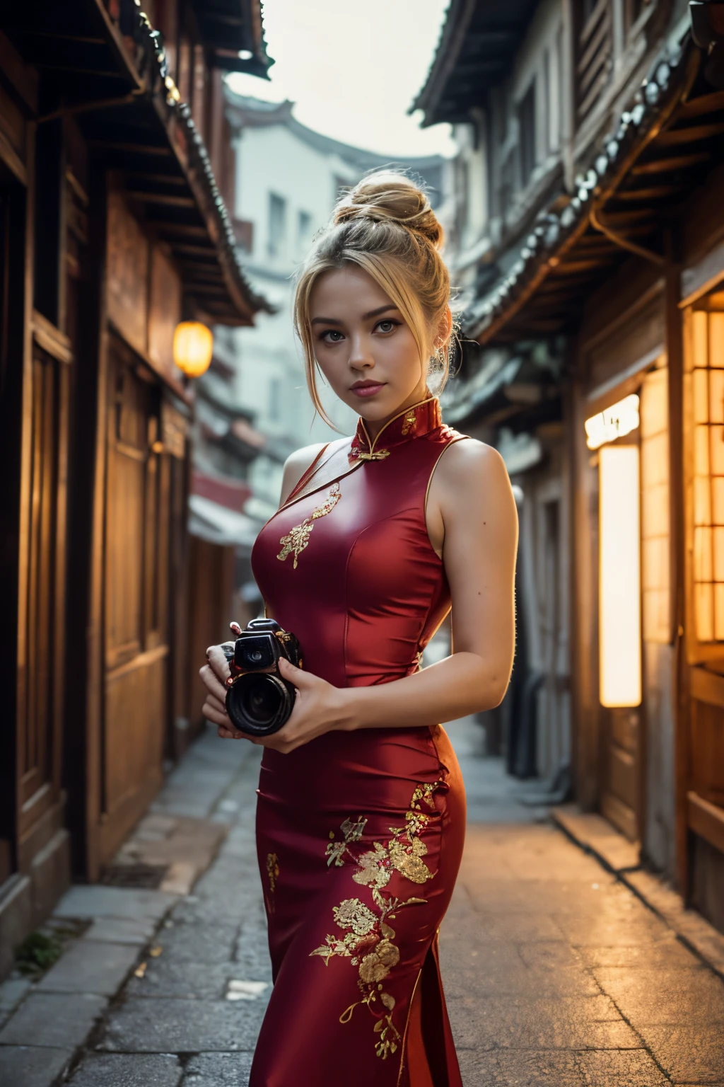 UHD, (bottom selfie view:1.1) 1 gorgeous European blonde woman with a bun, full body, she’s a model, sexy pose, subtle smile, flirting with camera, (holding the camera:1.2),,(beauty face:1.2),perfect face, perfect eyes, perfects hands, perfect breast, perfect hair, (wearing a Chinese dress:1.4), she's standing upright In a small street of 1930´s Singapour (at night:1.3), dark street, light fog, kodak gold 200