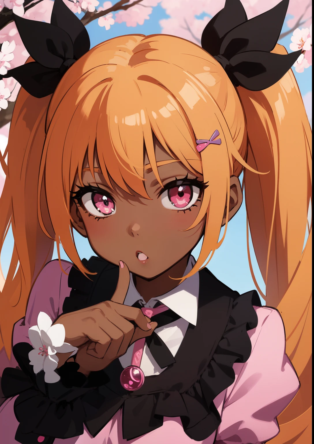 darkskin++++, tanned++, dark brown skin1:8++, orange hair, twintails+, pink eyes+++, big breast+, thick lips, bows symbol+, hairclips+, heart symbol+, detailed eyes, lips, (highest quality, amazing details:1.3), (solo:1.3), masterpiece, glossy lips, dolly lips+, long leg warmers+, ta dress+, clevage, peace sign+, outside background, cherry blossom tree, street background, close up++, lace design, popstar pose+, :o face+,