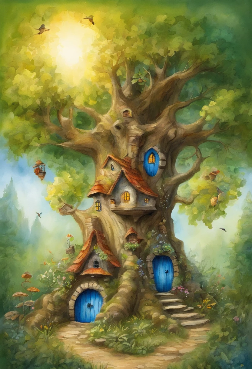 BEAUTIFUL AND LEAFY TREE, IN THE FOREST, WITH MANY FAIRY HOUSES AND GNOME LIVING THERE, THE SKY IS BLUE THE SUN SHINES, SOME CLOUDS AND BIRDS FLYING