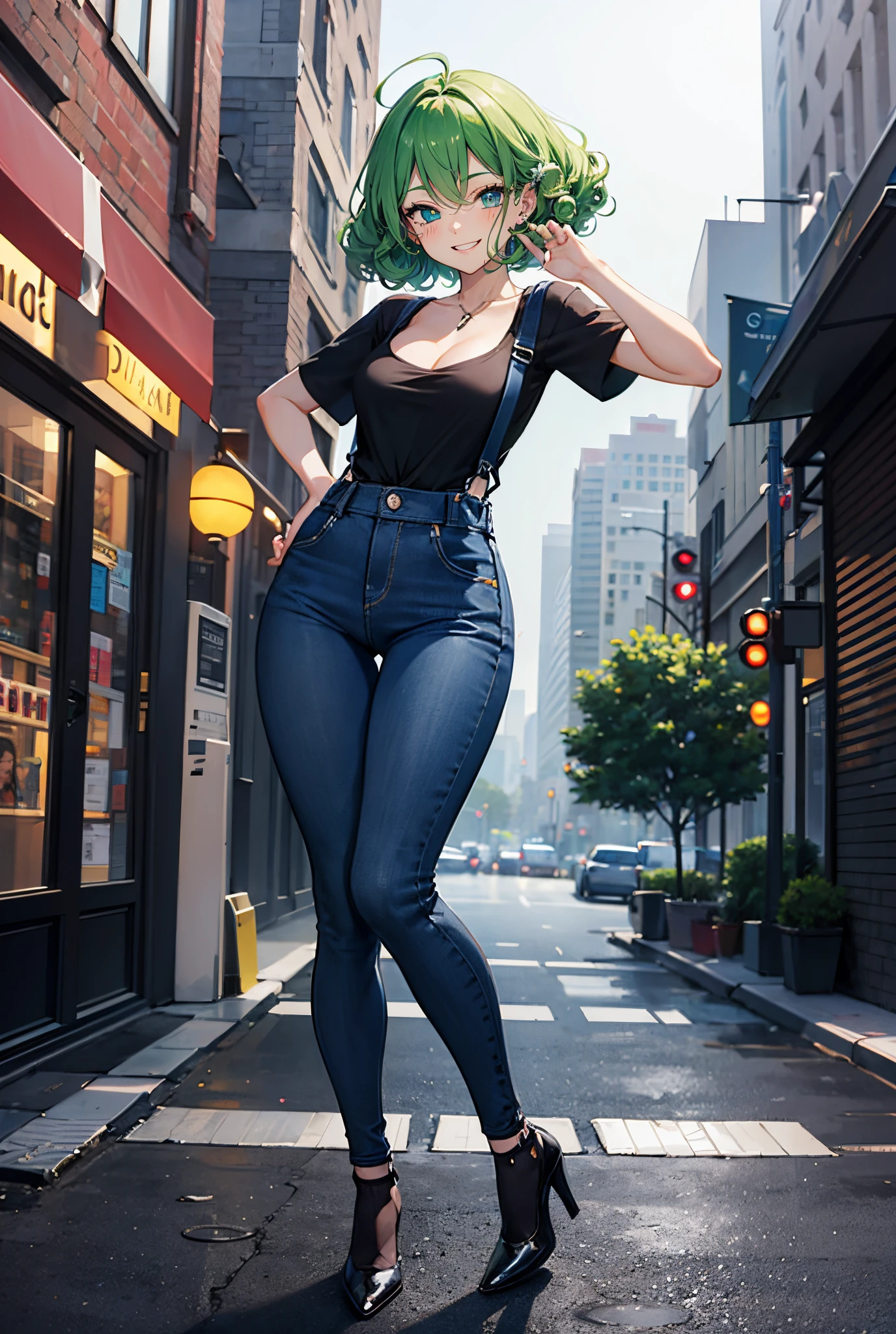 1 girl, supermodel, solo, anatomically correct, short green hair, light green hair, cyan hair, very short hair, male hairstyle, curly hair, intense curls, curls, hazelnut eyes, cute, highly detailed face illustration, wearing a black tight t-shirt, skin fit t-shirt, cleavage, medium sized boobs, bare waist, small waist, hourglass figure, light grey dungarees, pants with straps, pants with straps over the shoulders, pose, cute pose, cute, sexy, black high heels, full body picture, city background, public background, 8k, best quality