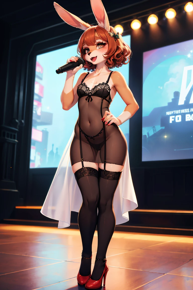(best quality), 8k, masterpiece, perfect hands,
BREAK,
Rabbit girl, copper hair, perfect face, laughing, (curly bob hair), (tan:1.5), (tan-lines:1.3), (red lipstick), black eyeliner, long lashes, golden eyeshadow,
BREAK,
furry ears, collarbone, ((flat-chested)),
BREAK,
(((Sheer lace gown with intricate detailing, creating an ethereal romantic look, with strategically placed embellishments for a touch of magic))), ((featuring a dramatic train for a timeless Hollywood glamour)),
BREAK,
(Thigh-high stockings featuring playful polka dots), held up by a vintage-style suspender belt, adding a touch of whimsy to the outfit. (Stiletto red heels),
BREAK,
(((Standing on stage))), (((holding a microphone))), delivering a heartfelt performance in front of a captivated audience,
