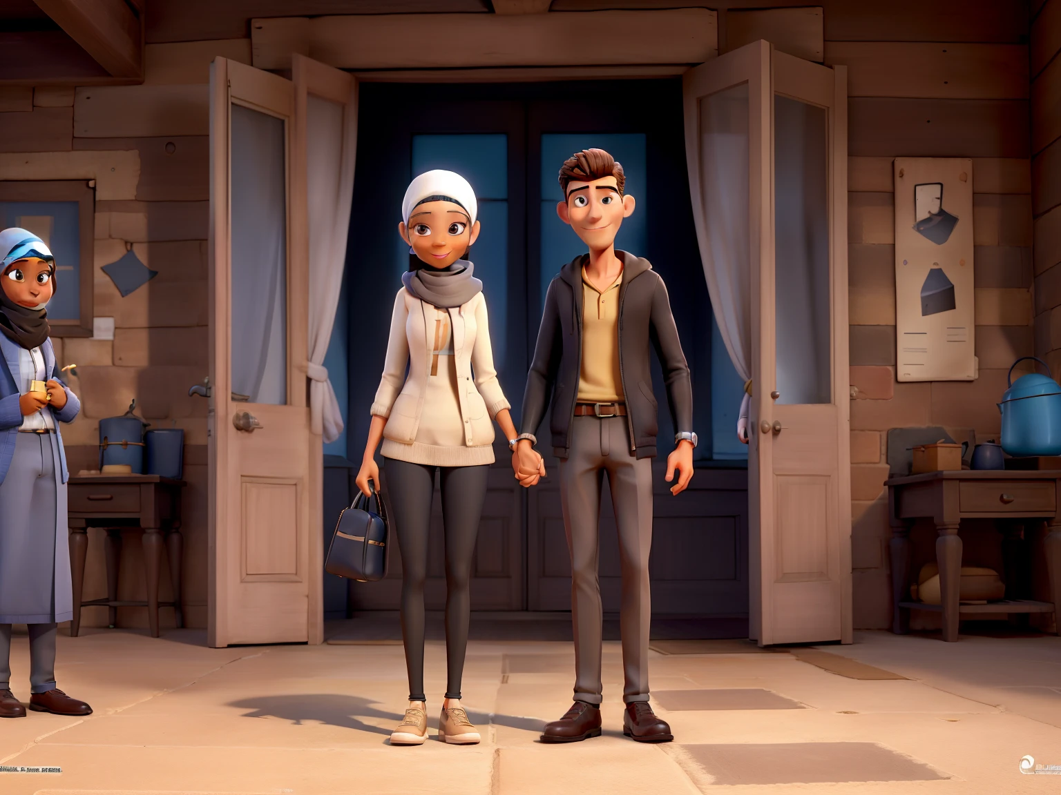 couple (homme brun et femme blanche, la femme porte un hijab noir), À la Disney Pixar, Haute qualité, Meilleure qualité, 3d.
