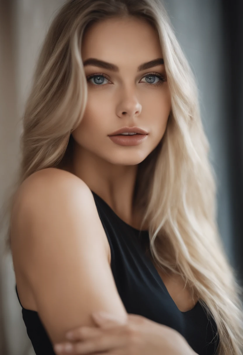 woman with matching tank top and panties, fille sexy aux yeux bleus, Portrait Sophie Mudd, Portrait de Corinna Kopf, cheveux blonds et grands yeux, selfie of a young woman, ohne Maquillage, maquillage naturel, Look directly into the camera, Visage avec Artgram, dezentes Maquillage, Superbe photo du corps entier, dans la chambre, Gros seins, Blonde