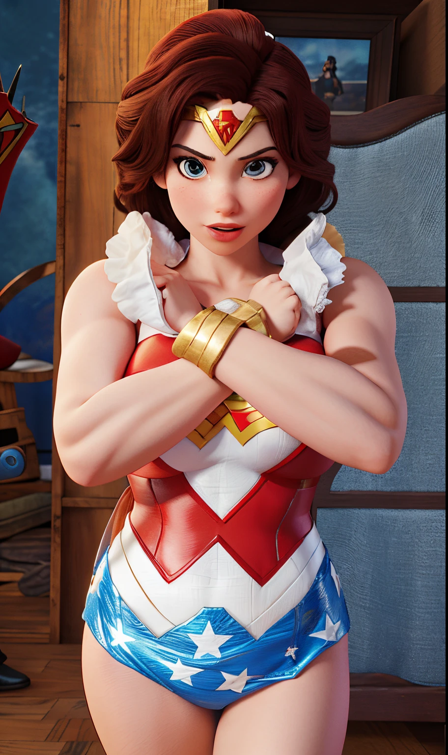 arafed woman in a red, white and blue swimsuit posing for a picture, dressed as wonder woman, amouranth as a super villain, in a fighting pose, super hero pose, wonder woman, powerful pose, posing like a superhero, posing ready for a fight, confident action pose, asuka suit under clothes!, portrait of wonder woman, battle pose