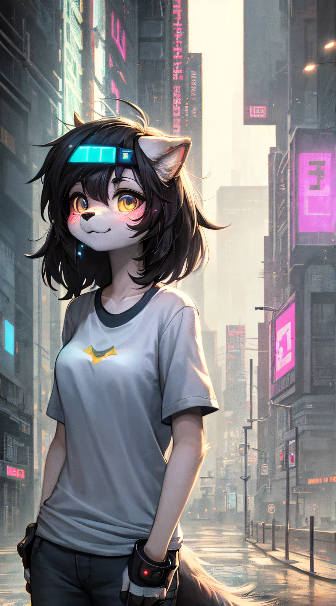 (Cyberpunk), (hands behind back), furry, anubis, female, white fur, super cute face, blue aviator glasses, ear piercing, big breast, detail elements on fur, glowing t-shirt, beautiful lights and shadows, ambient light, super fine fur, volumetric light,
