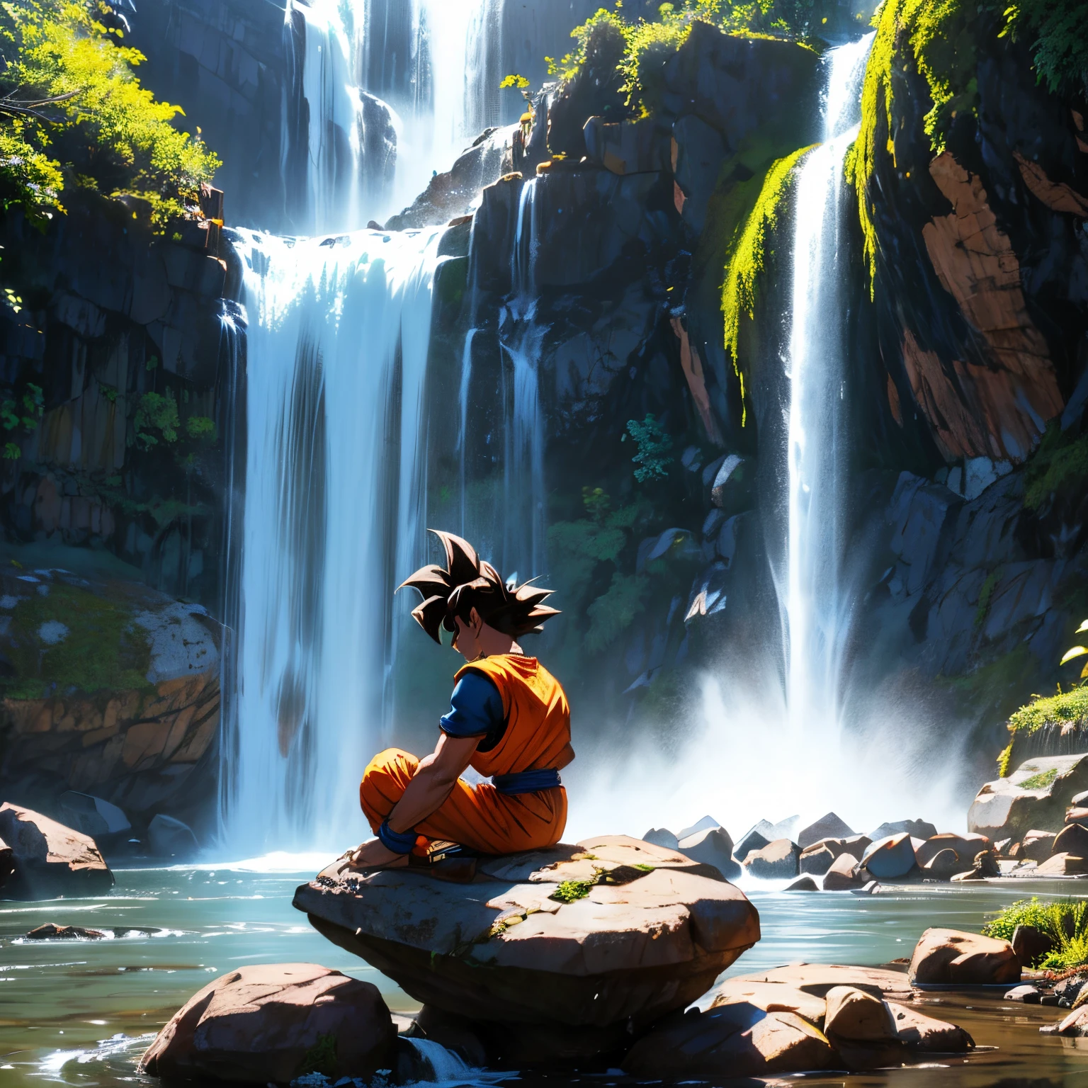 Goku sentado meditando em uma pedra com uma cachoeira ao fundo