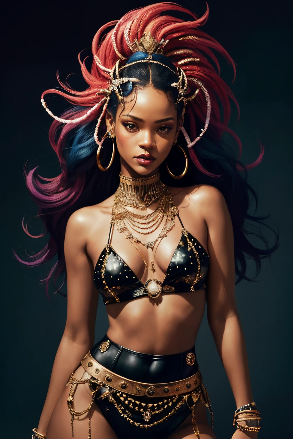 "Generate an AI-powered artwork that envisions Rihanna as a mythical figure, weaving her presence into the fabric of a contemporary mythology. Picture her with divine attributes, embodying elements of strength, creativity, and empowerment. Envision her surrounded by symbolic motifs that reflect her impact on the realms of music, fashion, and culture. Incorporate modern symbols and imagery that resonate with Rihanna's multifaceted persona. Use a rich and vibrant color palette to convey the dynamism and boldness associated with her artistic endeavors. The final image should be a visually compelling representation of Rihanna as a contemporary mythological icon, fusing elements of modernity with the timeless allure of mythology."