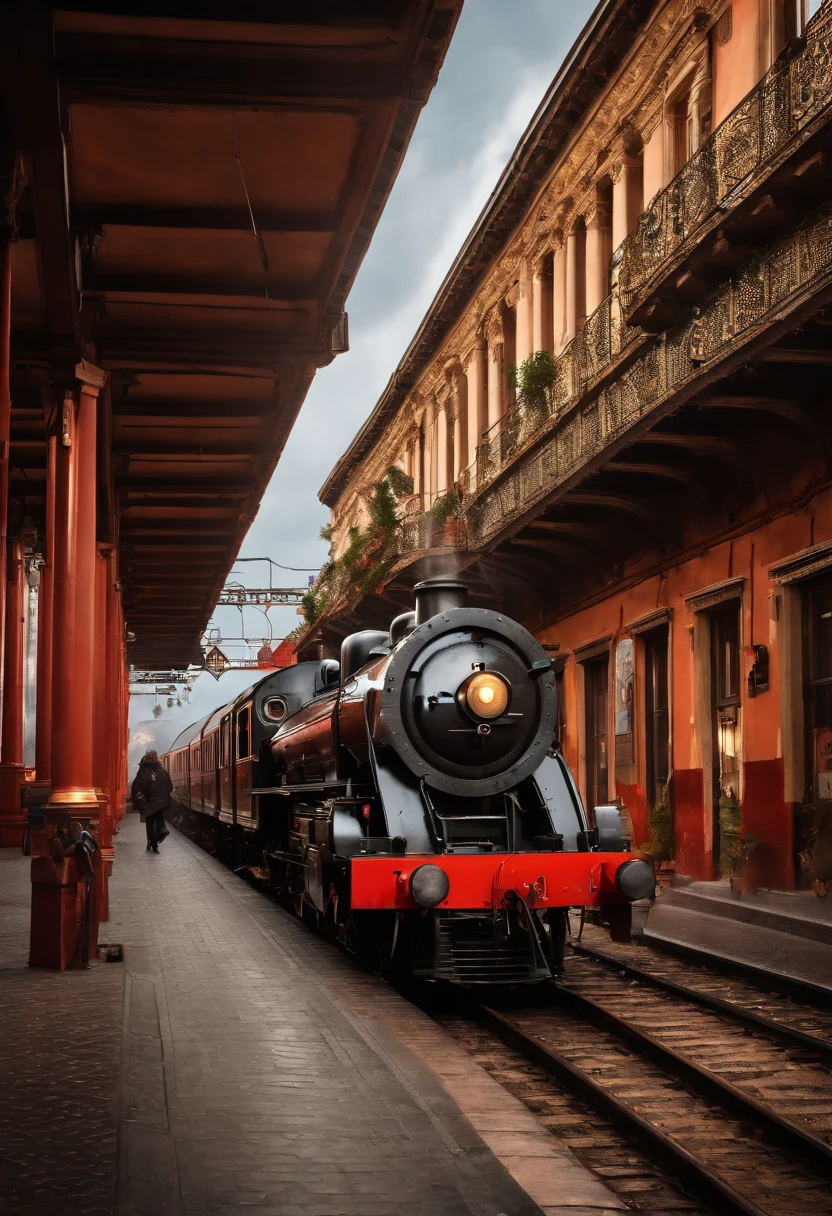 (best quality,4k,8k,highres,masterpiece:1.2),ultra-detailed,(realistic,photorealistic,photo-realistic:1.37),American comic style, Portici city, Piazza San Ciro, Granatello di Portici, Pietrarsa railway, Vesuvius in the background, vibrant colors, dynamic lighting, expressive characters, bustling streets, iconic landmarks, superhero figures, heroic poses, action-packed scenes, detailed architectural structures, intricate textures, energetic atmosphere, comic book visual effects, dramatic shadows, vivid street art, bustling crowds, busy traffic, iconic signs, colorful storefronts, graffiti-covered walls, steam locomotives, smoke billowing from trains, historic train station, busy railway tracks, majestic presence of Vesuvius, fiery orange and red hues, smoky atmosphere, dynamic composition.