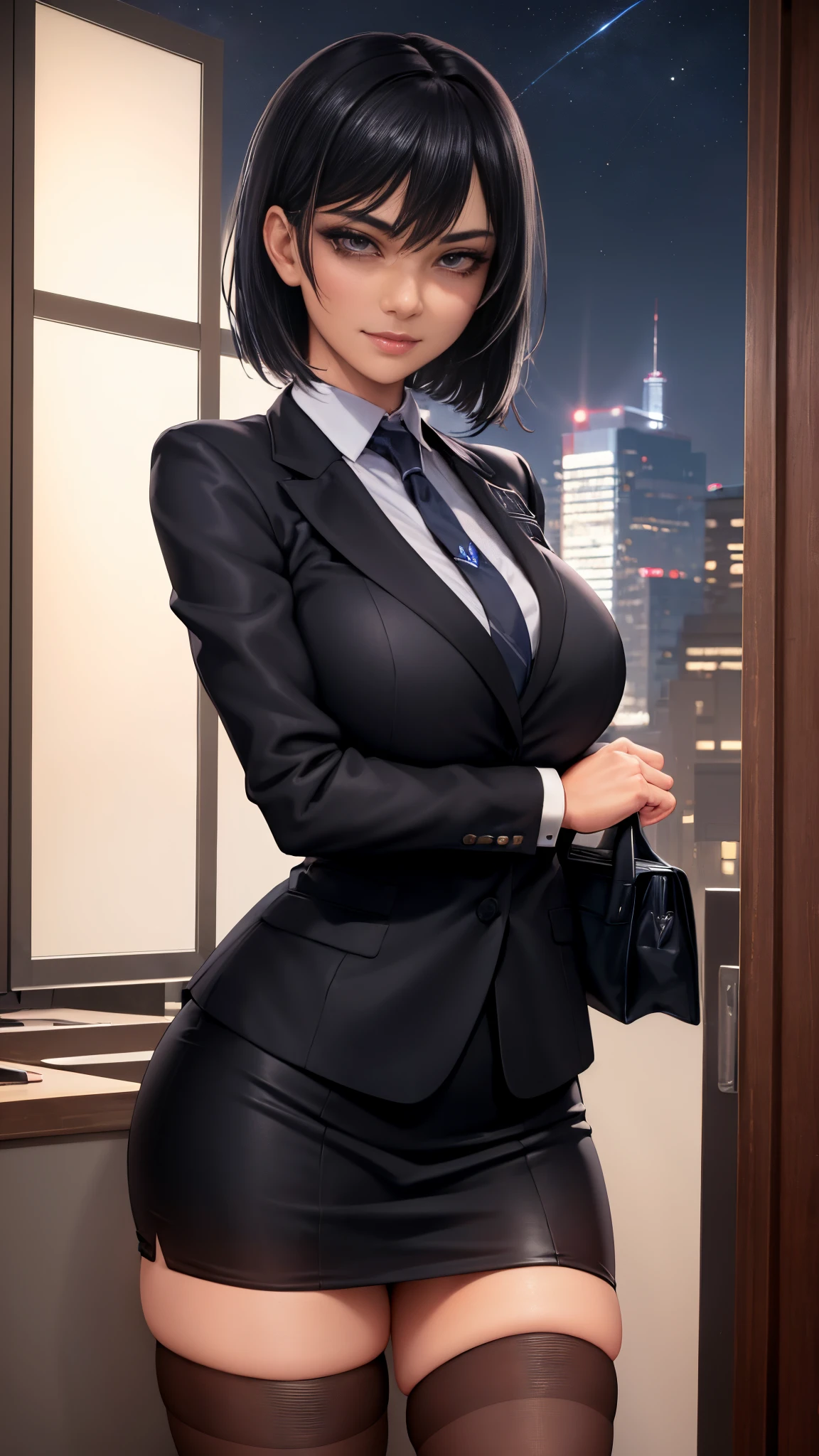 (masterpiece), (best quality), (perfect face), extremely detailed skin pores, (detailed skin:1.2), artstation, night, office, night sky,
cool girl, dark business jacket, dark business skirt, thighhighs, black short hair, straight face, light smile, standing, portrait,