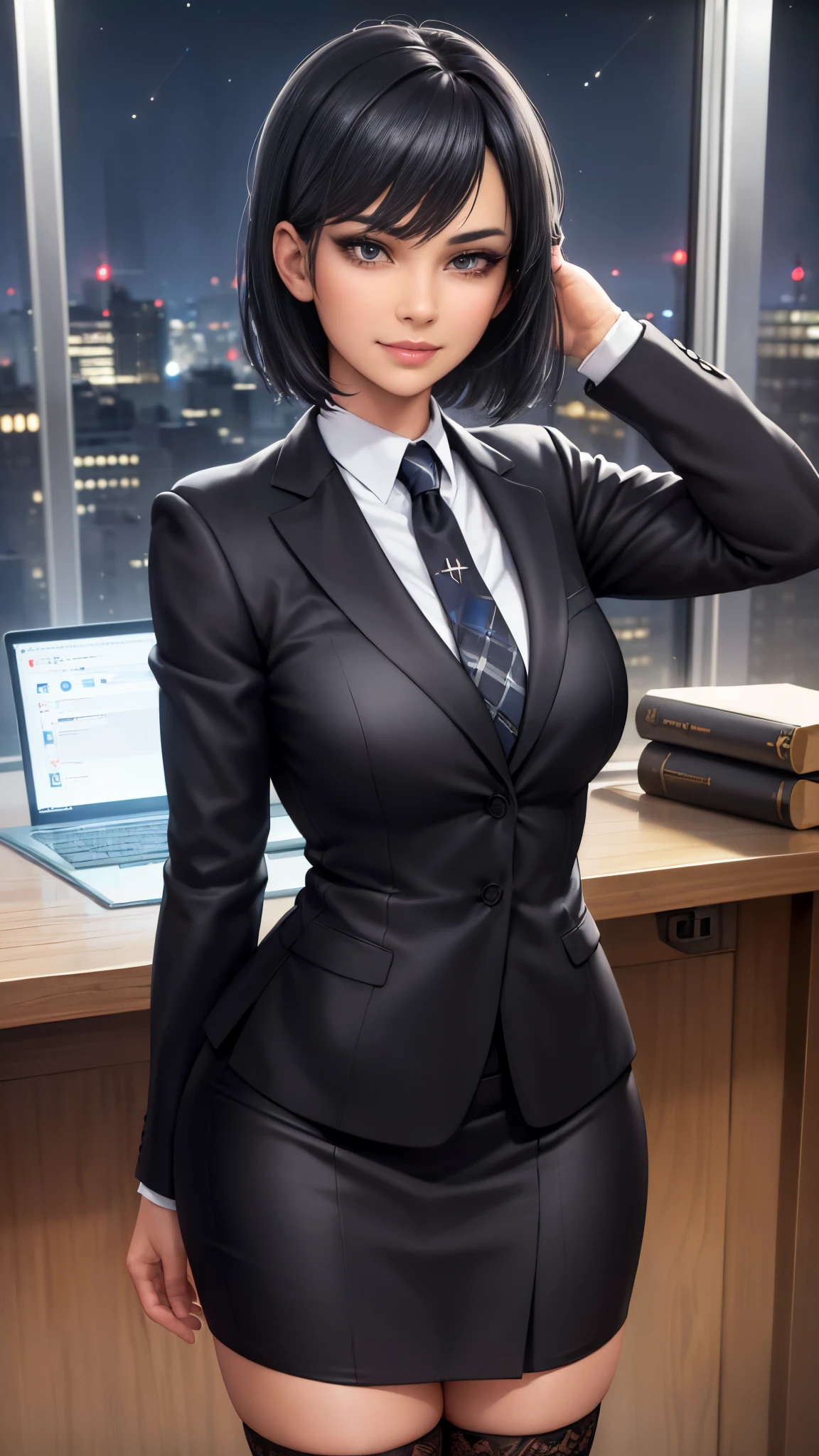 (masterpiece), (best quality), (perfect face), extremely detailed skin pores, (detailed skin:1.2), artstation, night, office, night sky,
cool girl, dark business jacket, dark business skirt, thighhighs, black short hair, straight face, light smile, standing, portrait,