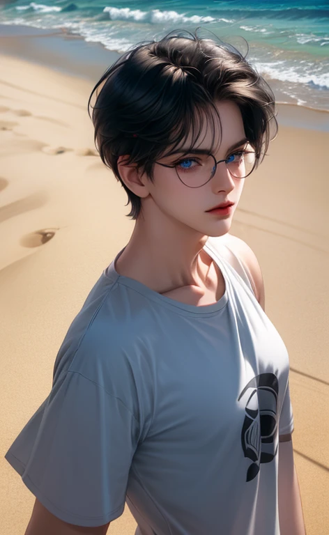 (tmasterpiece,Best quality at best,extremist_Detailed pubic hair,A high resolution,absurd res) (detailed shadow) (High-quality light),1 ((mature)) male people, 30th work, ((broad shoulder)), malefocus, Alone, Soft fringed short black hair (The bangs on the third side:7 Scale), eBlue eyes (詳細な目), full bodyesbian, short detailed hair, looking at viewert, Open your lips, circle glasses, black t-shirts, On the sandy beach, (detailedbackground).