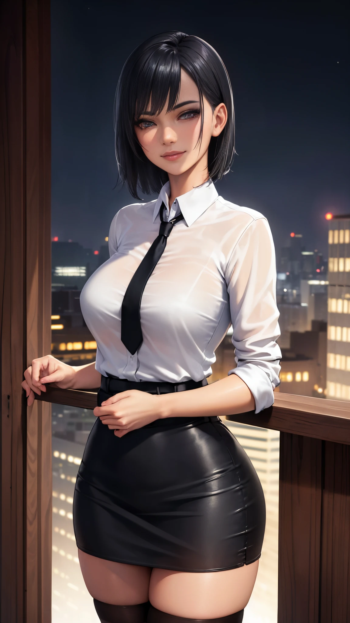 (masterpiece), (best quality), (perfect face), extremely detailed skin pores, (detailed skin:1.2), artstation, night, office, night sky,
cool girl, dark business jacket, dark business skirt, thighhighs, black short hair, straight face, light smile, standing, portrait,