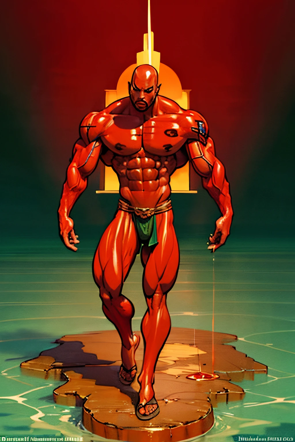 ((Confident pose:1.5)), a painting of a (((muscular))) man with water Aura, large body of water surrounds man, The God Poseidon, ((thick muscular thighs)), The God of the Sea, gold loincloth, divine, ((colored red skin)), colored skin, ((red skin:1.5)),((red face)), ((red legs)), ((red arms)), ((red feet)), Like an Atlantean, ((no hair)), veiny biceps, chiseled abs, muscular legs, bald head, masterpiece, 8k