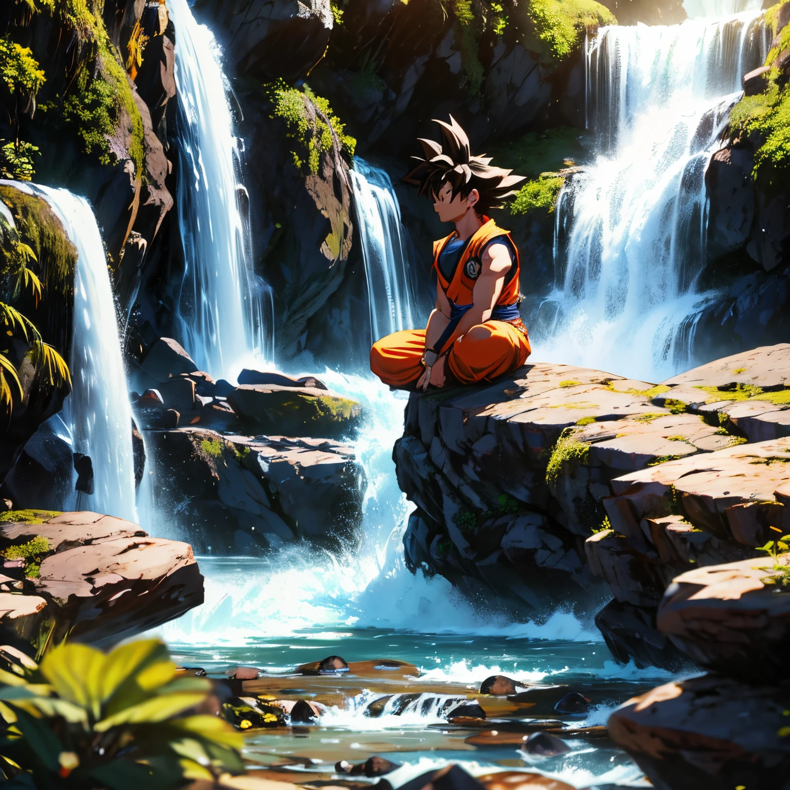 Goku sentado meditando em uma pedra com uma cachoeira ao fundo, arte na horizontal
