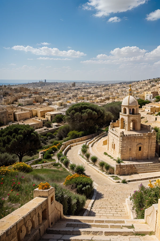 Middle Eastern landscape, Malta, large city on the sides of a tall hill, architecture Portuguese, temple on top of mountain, white rocks, road to city, orange flowers