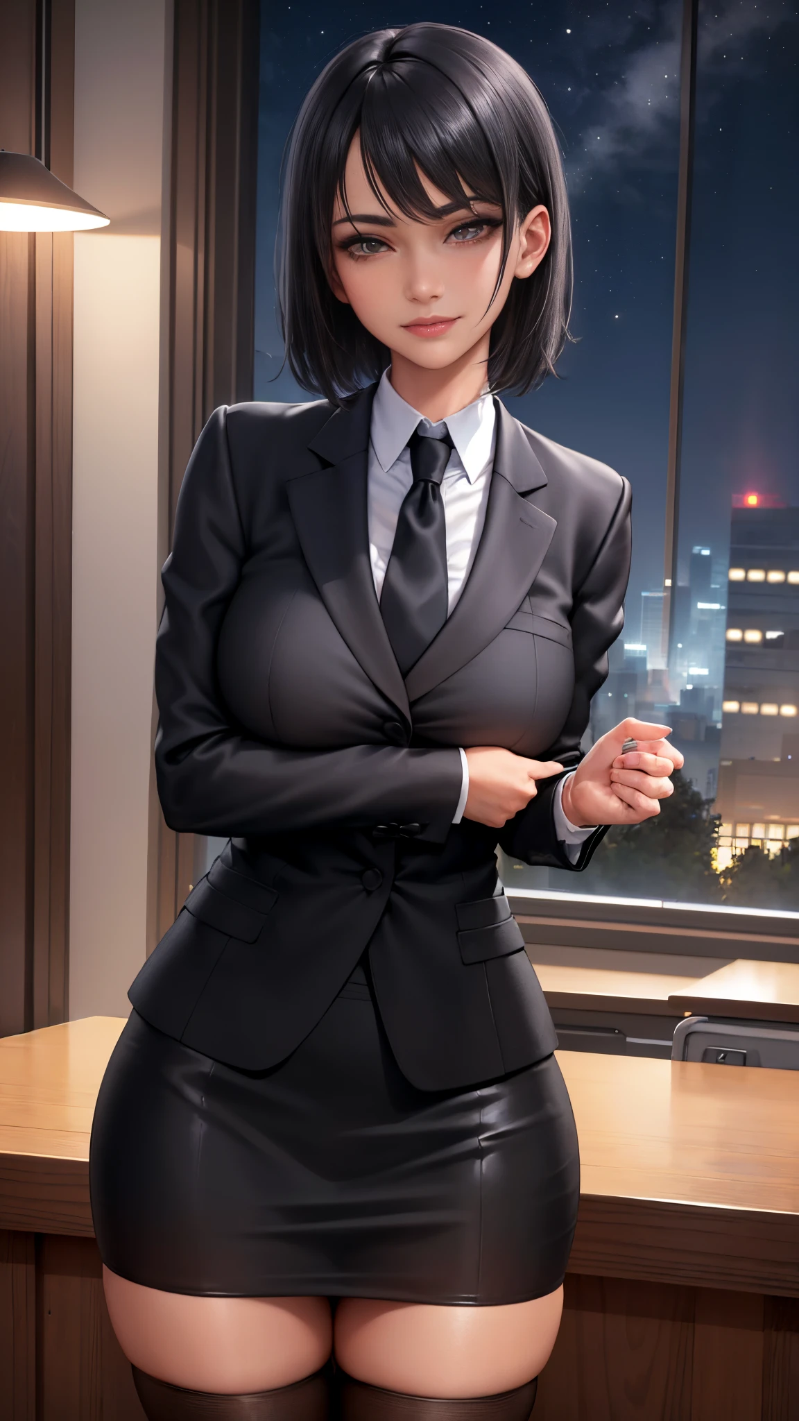 (masterpiece), (best quality), (perfect face), extremely detailed skin pores, (detailed skin:1.2), artstation, night, office, night sky,
cool girl, dark business jacket, dark business skirt, thighhighs, black short hair, straight face, light smile, standing, portrait,