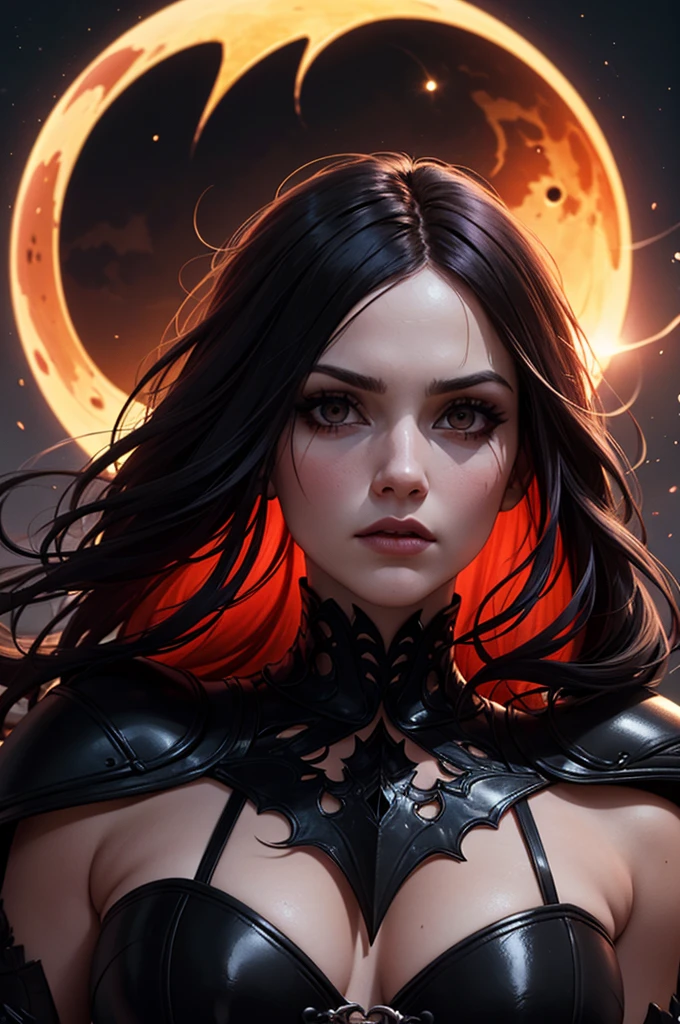 Draw Emily's creepy vision, possessed by the evil presence of Joseph Sinclair. Your eyes should glow with ghostly flames, e seu corpo deve estar envolto em uma aura sombria. Ao fundo, as chamas antigas da casa devem ressurgir, symbolizing the anger and vengeance of Joseph's spirit.