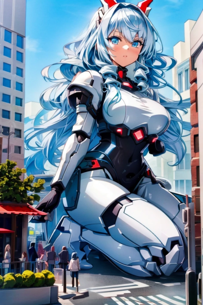 (official art,best quality:1.3), Ultra Detailed, sharp focus, full color, (beautiful detailed eyes:1.1), (Depth-of-field:1.0), (super fine-illustration:1.0), BREAK, 
(detailed shaded pretty face), (1 girl), full body shot, skin, silver hair, giantess, gts, mecha musume, Cityscape, rampage, cars, people,