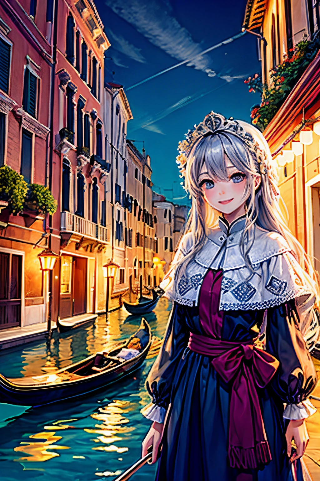 1girl with、top-quality、lighting like a movie、row a gondola、a smile、Venetian、