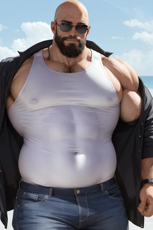 Very large body、Bald、wears sunglasses、Crisp look、Tank Tops、Muscles are visible even through clothes、Crotch with bulge、Plump body、sexy  pose、White beard、make you feel physically different、shoulder with jacket on、Composition looking down on you、back lighting、arm in arm with a woman