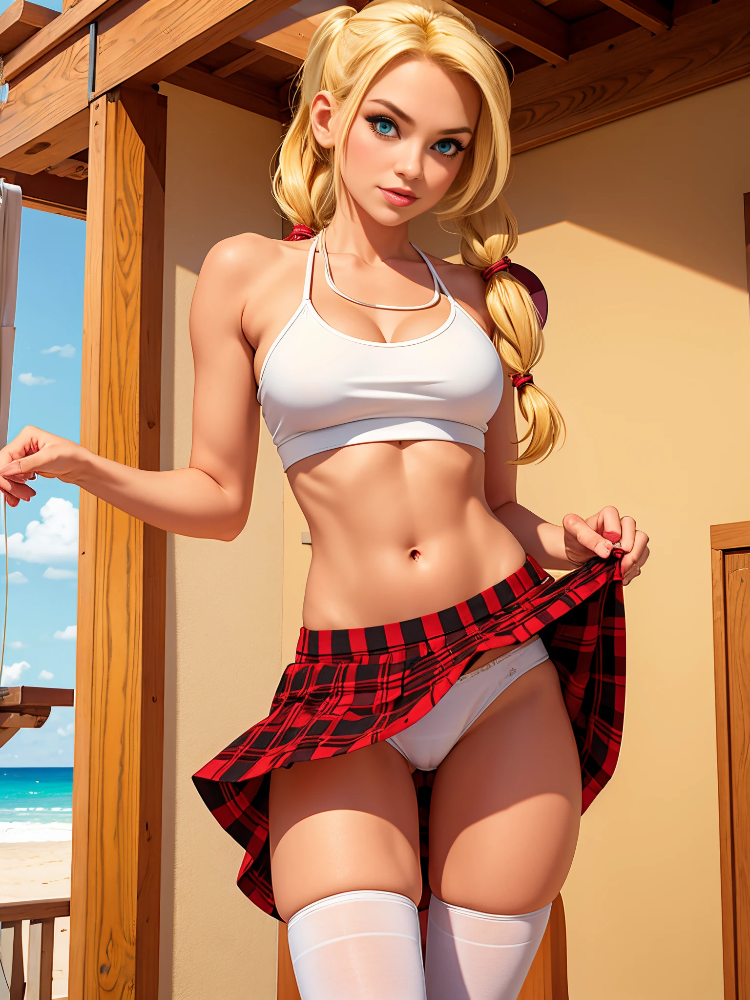 pretty girl with pigtails, blonde hair, crop top, plaid skirt, lifted skirt, white panties, stockings, on a beach