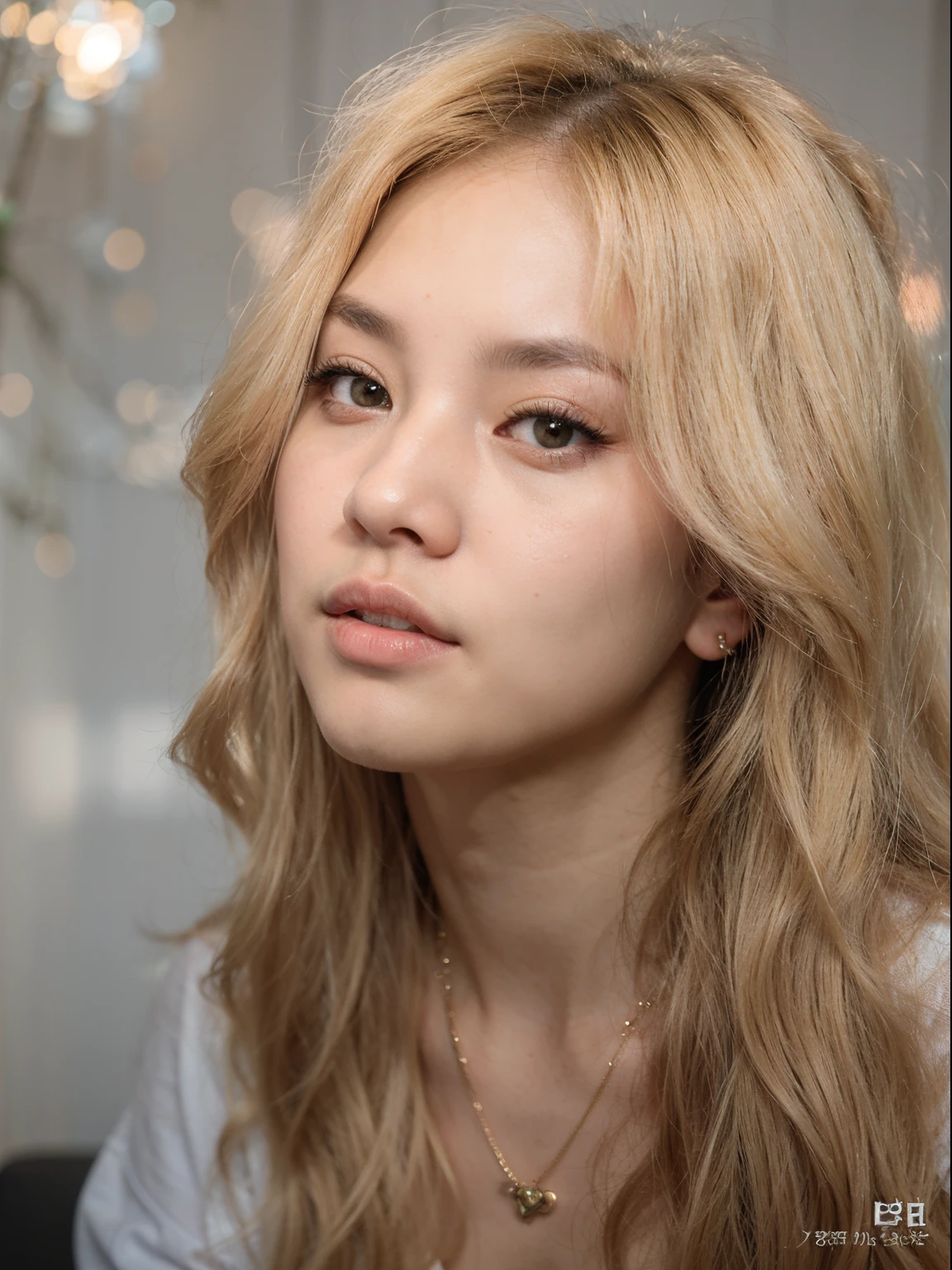 Blonde woman with long hair and a necklace looking at the camera, maquiagem sul-coreana popular, Heonhwa Choe, uma com cabelo loiro, Sakimichan, branco hime corte penteado, Parque Roseanne do Blackpink, Portrait of female Korean idol, maquiagem coreana popular, Mulher sul-coreana bonita, Retrato de Jossi de Blackpink, TaeJune Kim, Jaeyeon Nam