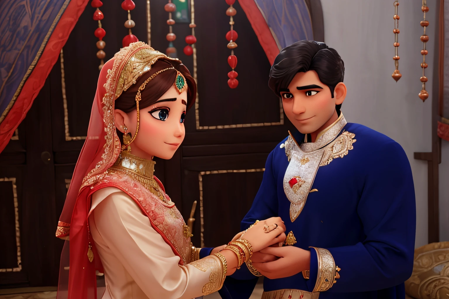 Pakistani husband wife getting married husband gift him ring husband wear blue sharwani and wife wear red lahnga