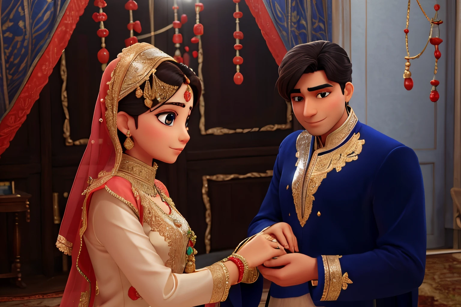 Pakistani husband wife getting married husband gift him ring husband wear blue sharwani and wife wear red lahnga