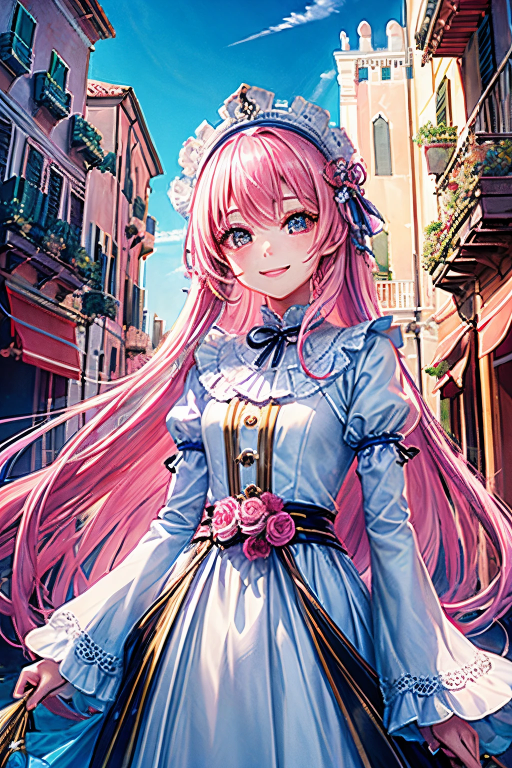 1girl with、top-quality、lighting like a movie、row a gondola、A smile、Venetian、White costume、A pink-haired、