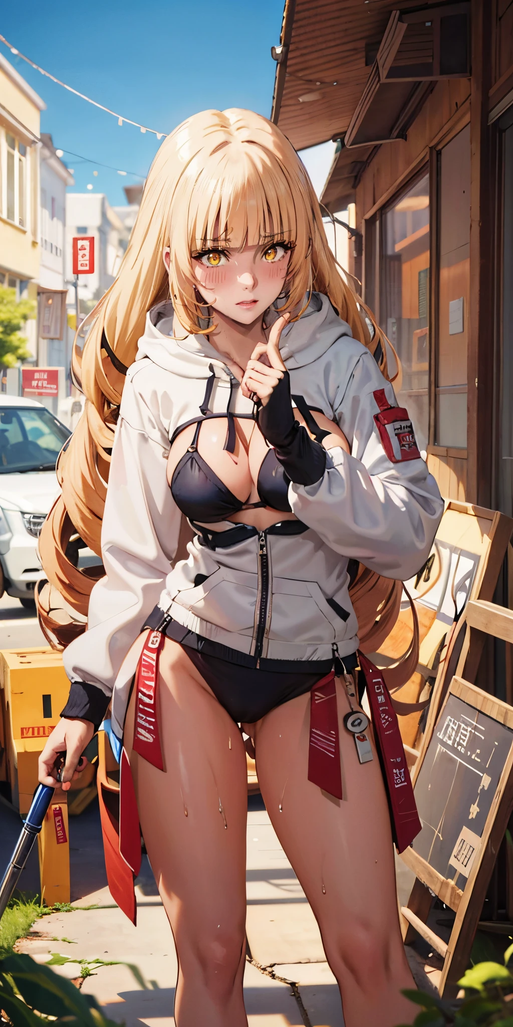 anatomically correct, best quality, masterpiece, high quality, high details, highres, HD, (shaded face:1.2), hollow eyes, yellow eyes, looking at viewer, embarrassed, blush face, lips, rose, blonde hair, drill hair, long hair, huge breasts, sweating, wet, ropped hoodie, black bikini, long sleeves, a woman that is standing in the dirt, by Yang J, pixiv contest winner, fantasy art, cute anime girl portrait, female protagonist 👀 :8, range murata and artgerm