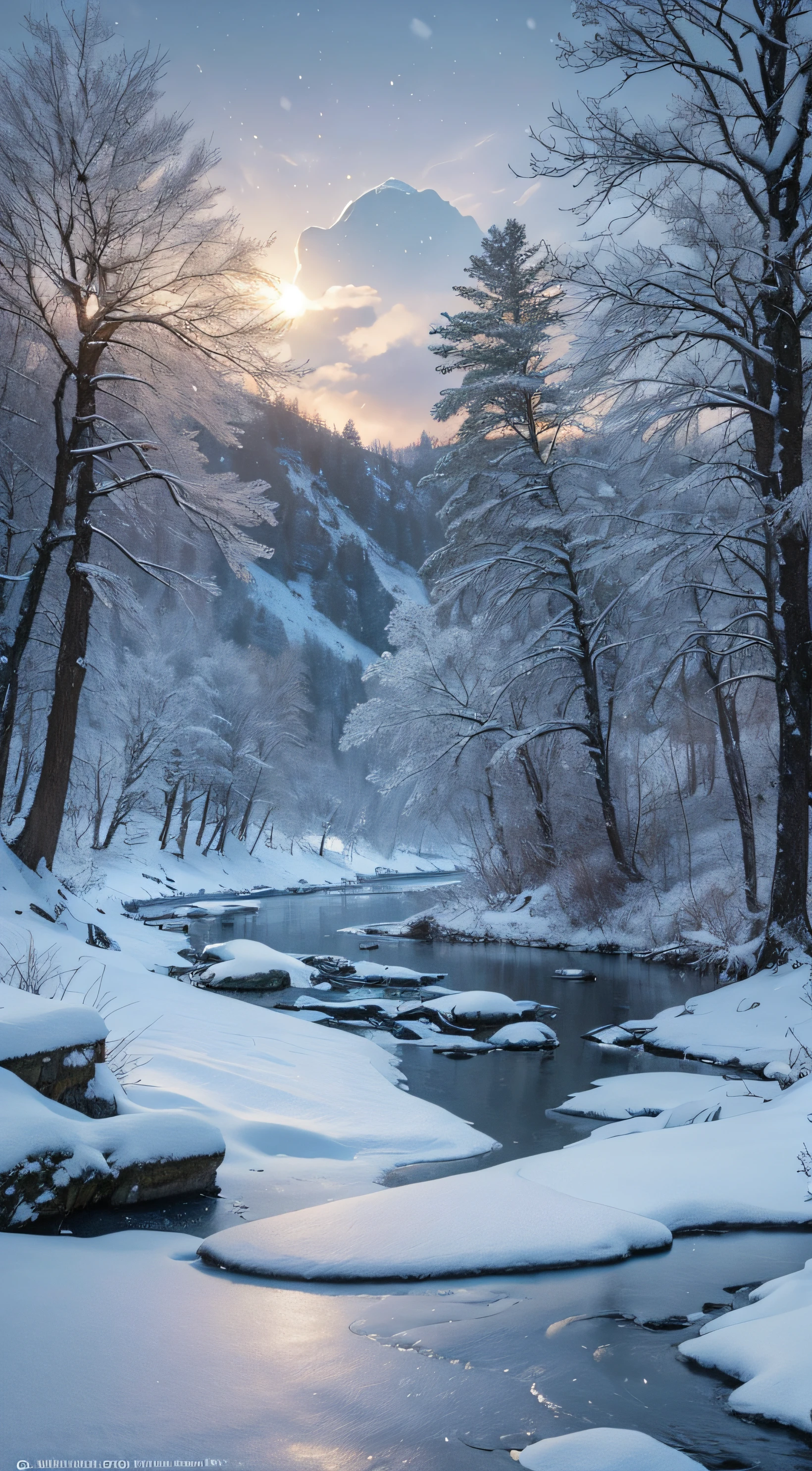 snowy landscape with a river and trees in the middle of it, winter scene fantasy, background artwork, snowy landscape, winter concept art, snowy environment, beautiful snowy landscape, snow landscape, snow landscape background, 4k highly detailed digital art, 8k high quality detailed art, cold snowy, surreal frozen landscape, winter landscape, mystic winter landscape, 4k hd matte digital painting