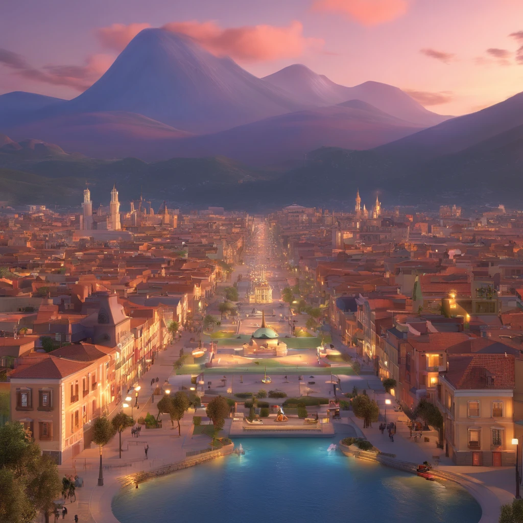 "Make a picture in the Disney Pixar style, city of Portici, with Piazza San Ciro, the Granatello di Portici, the Pietrarsa railway, Vesuvius in the background