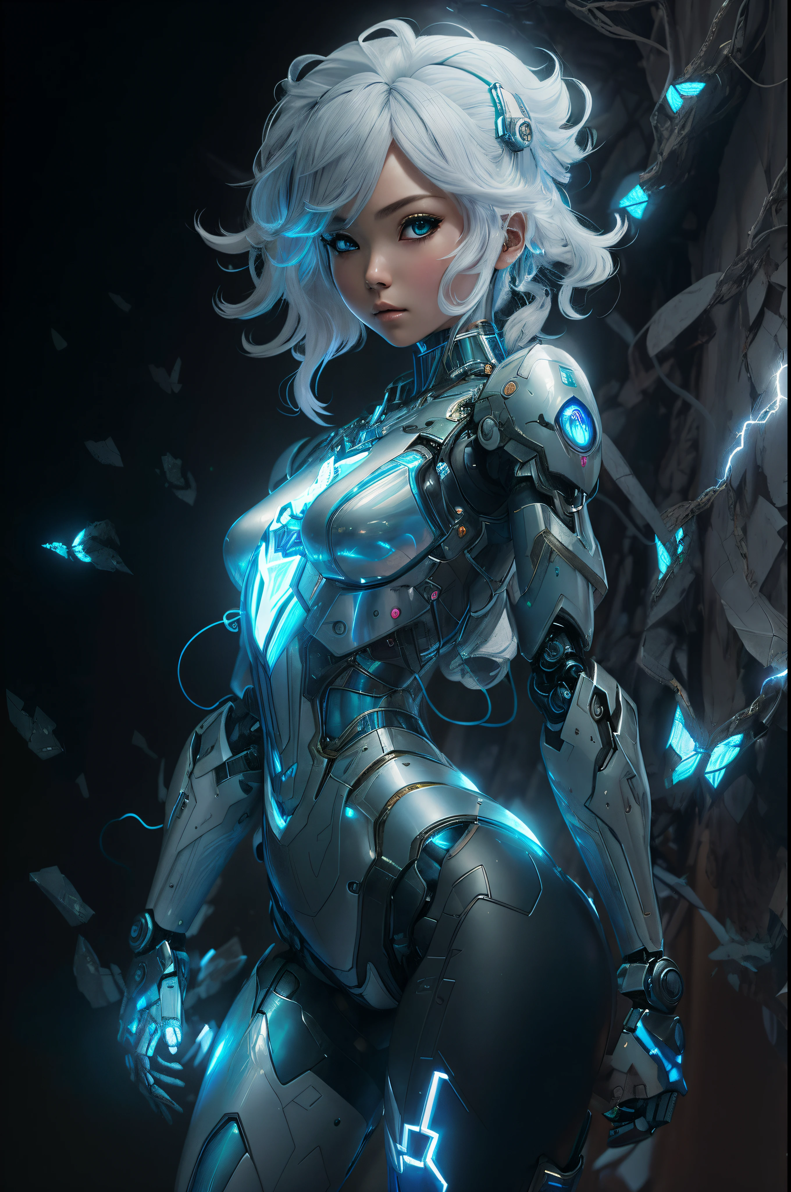 a close-up of a woman in a futuristic suit with lightning, Ciborgue - ****** com cabelo prateado, arte conceitual digital de alta qualidade, arte de anime digital detalhada, Advanced digital anime art, ****** ciborgue bonito, ****** bonita ciborgue, anime robotic mixed with organic, mulher ciborgue perfeita do anime, Ross Tran 8 K, ****** em mecha cyber armor, Arte digital altamente detalhada em 4k