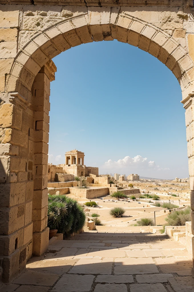 Middle Eastern landscape, Malta, distant view of a large city on the sides of a tall hill with a huge temple at the top, architecture Portuguese, white rocks, road, orange flowers, strange cactus