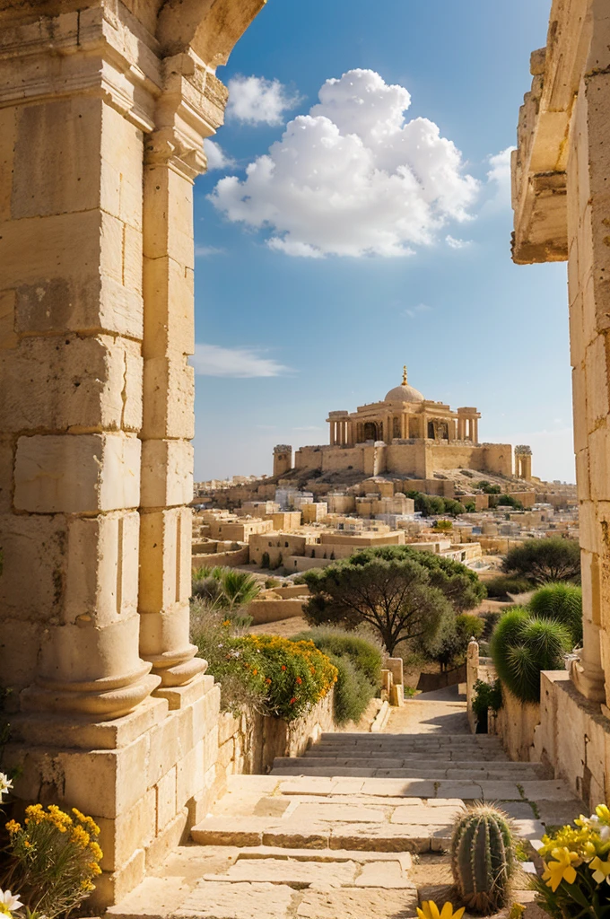Middle Eastern landscape, Malta, distant view of a large city on the sides of a tall hill with  a huge temple at the top, architecture Portuguese, white rocks, road, orange flowers, strange cactus