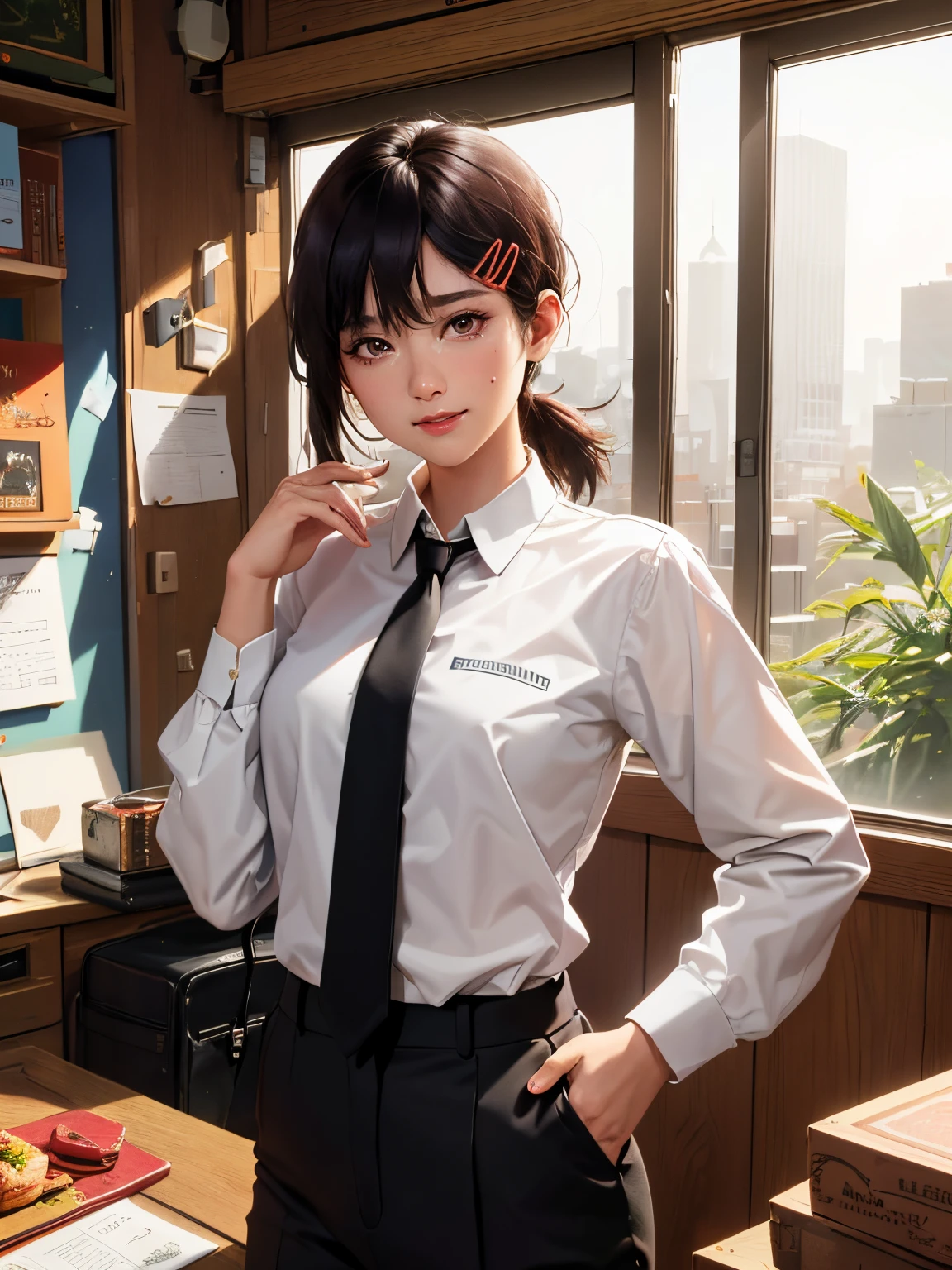 Masterpiece, Best Quality, Ultra-detailed, illustartion, epic lighting, cinematic composition, isometric, 1girl, 独奏, Cute, Brown eyes, black hair, swept bangs, single sidelock, red hairclip, collared white shirt, black necktie, Black pants, formal, enchanting gaze, Bewitching pose, Indoors, office, through, opening door, looking a viewer, peeking out upper body, blusher, Seduction Smile, closed mouth,(8K:1.1),