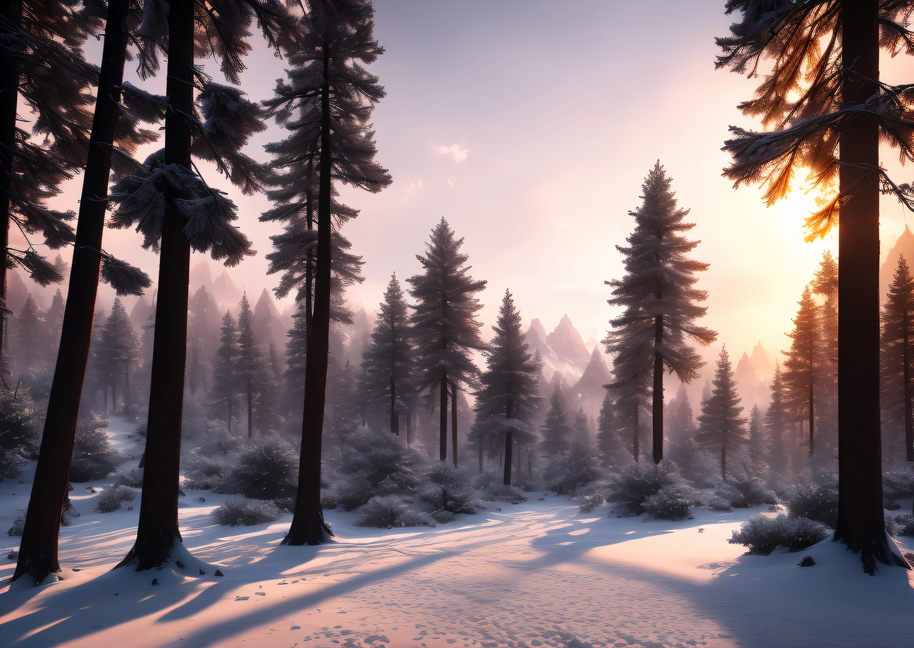 drawing of covered in snow Medivel large forest clouldy at sunset ,(((tk_env))) style, with people walking around, fine details, award winning image, highly detailed, 16k, cinematic perspective, ((video game environment concept art style)), pretty colors, asymmetrical camera composition, cinematic environment