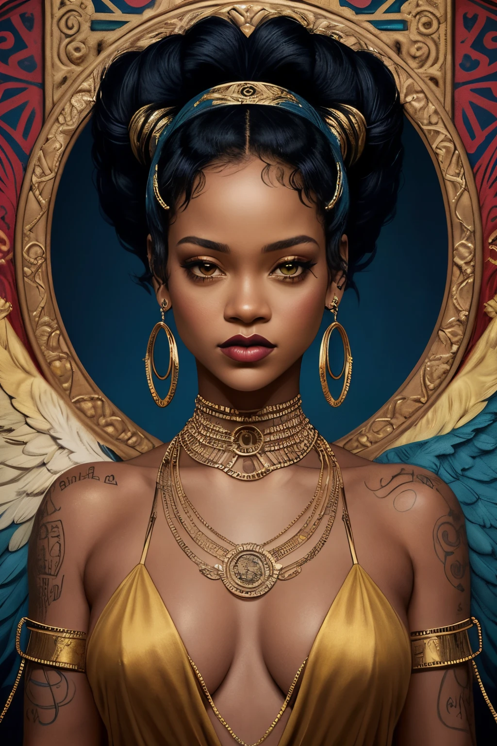"Generate an AI-powered artwork that envisions Rihanna as a mythical figure, weaving her presence into the fabric of a contemporary mythology. Picture her with divine attributes, embodying elements of strength, creativity, and empowerment. Envision her surrounded by symbolic motifs that reflect her impact on the realms of music, fashion, and culture. Incorporate modern symbols and imagery that resonate with Rihanna's multifaceted persona. Use a rich and vibrant color palette to convey the dynamism and boldness associated with her artistic endeavors. The final image should be a visually compelling representation of Rihanna as a contemporary mythological icon, fusing elements of modernity with the timeless allure of mythology."