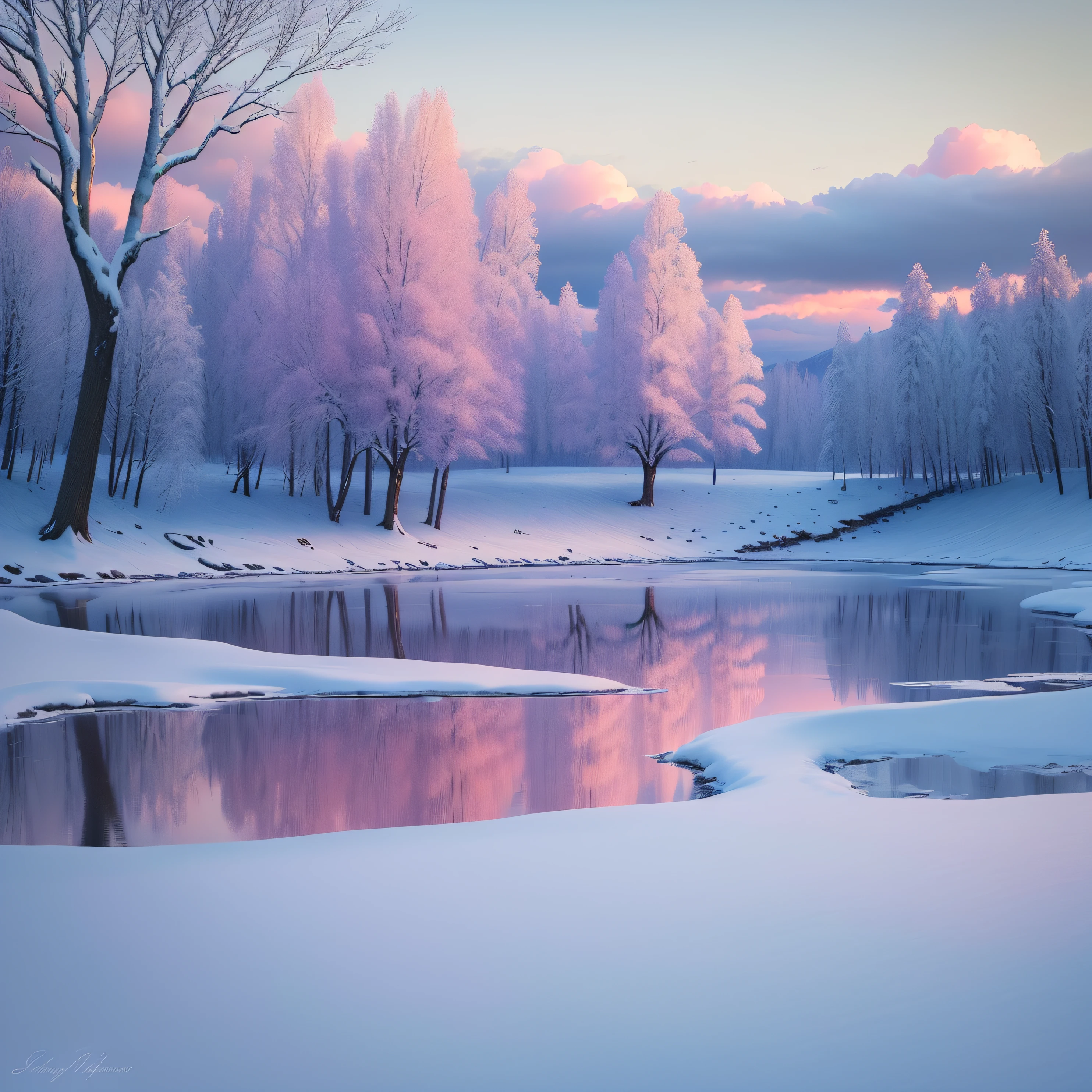 (Best Quality, Masterpiece) Beautiful, Snowy landscapes, warm, pale pink, Another winter tree, Bright color, Bright, blue skies, covered with clouds, The Spirit of Hope, Calm and peaceful landscape.